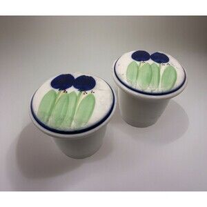 Vintage Handpainted Pottery Pair of Ceramic Tea Strainers with Lids Blue Tulips